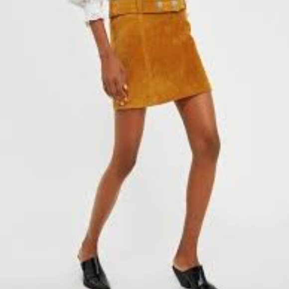 ZARA Women Mustard Suede Leather Belted Mini Skirt - Picture 2 of 6